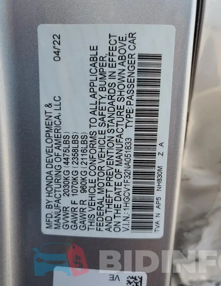 1HGCV1F32NA051833 Photo# 13