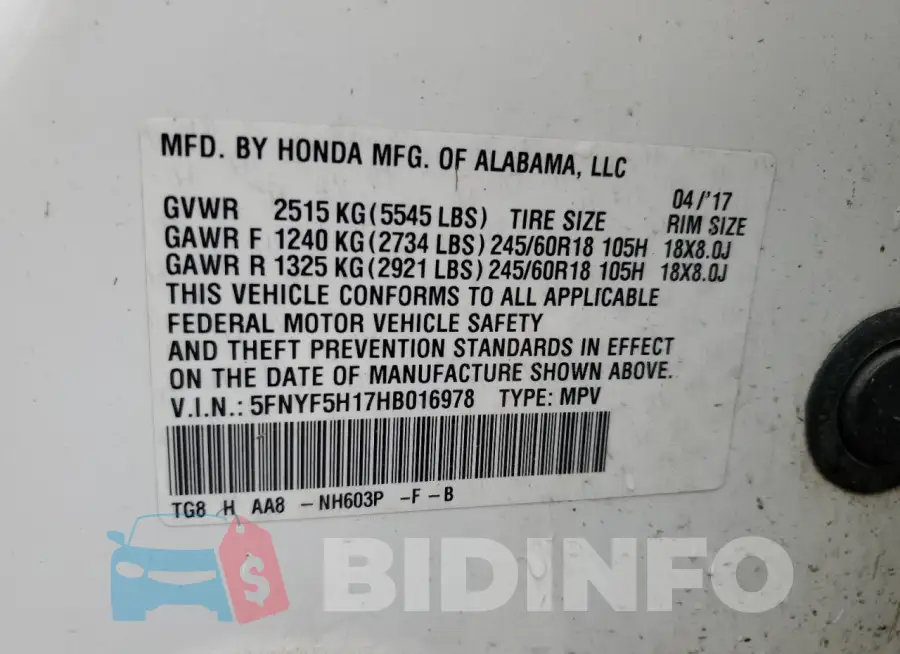 5FNYF5H17HB016978 Photo# 13
