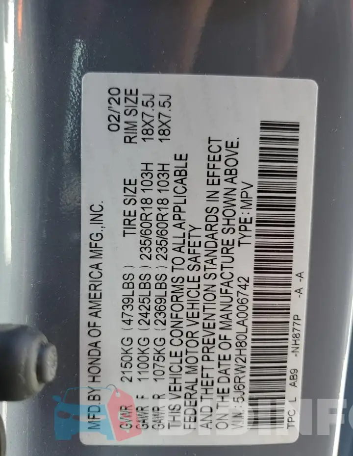 5J6RW2H80LA006742 Photo# 13