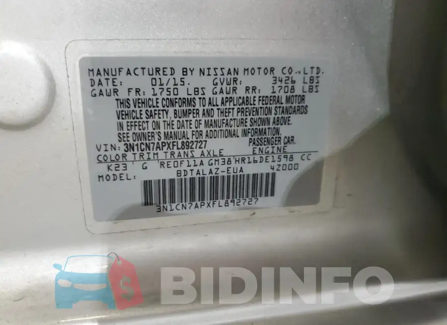 3N1CN7APXFL892727 Photo# 12