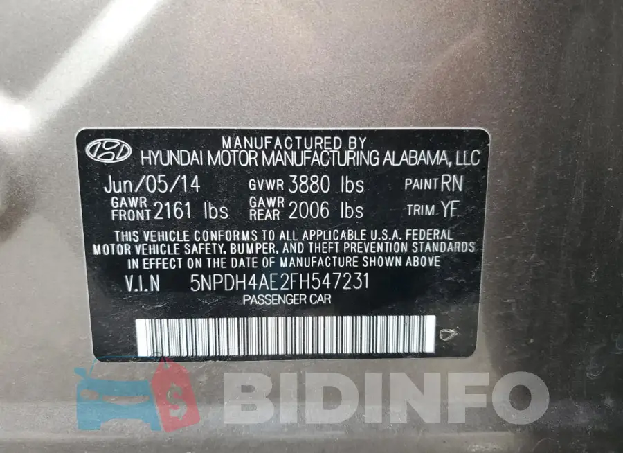 5NPDH4AE2FH547231 Photo# 12