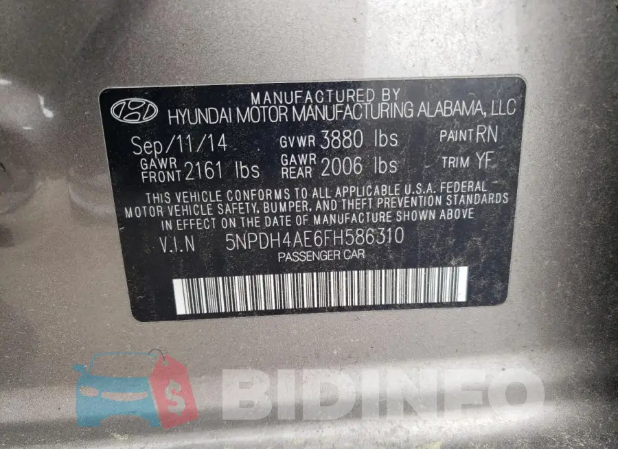 5NPDH4AE6FH586310 Photo# 12