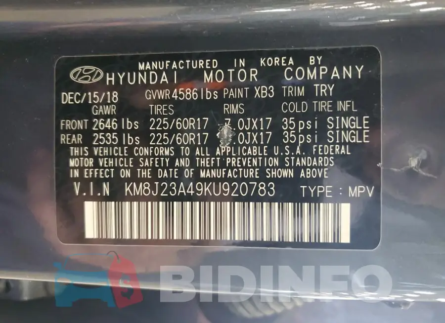 KM8J23A49KU920783 Photo# 13