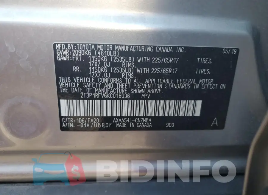 2T3P1RFV6KC018036 Photo# 12