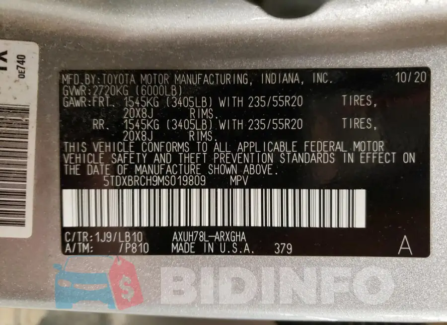 5TDXBRCH9MS019809 Photo# 13