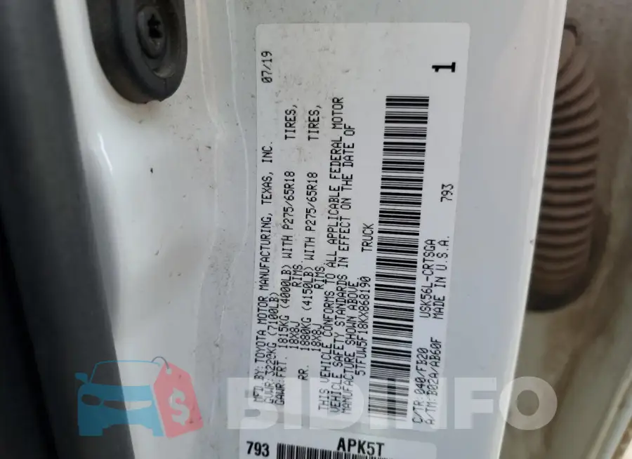 5TFUW5F18KX868190 Photo# 12