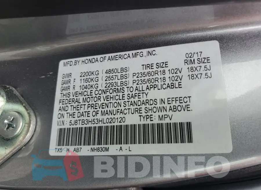 5J8TB3H53HL020120 Photo# 13