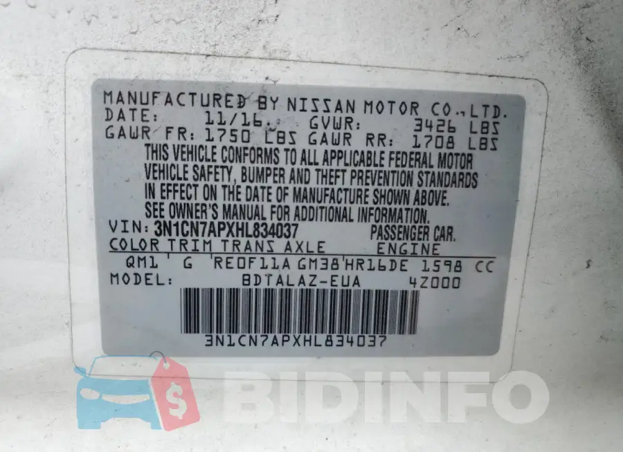 3N1CN7APXHL834037 Photo# 13