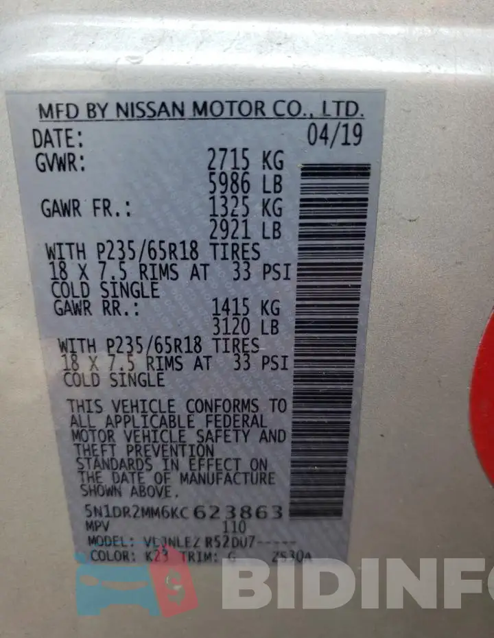 5N1DR2MM6KC623863 Photo# 13