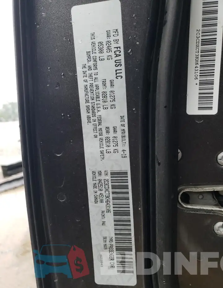 2C3CDXCT3KH643106 Photo# 12