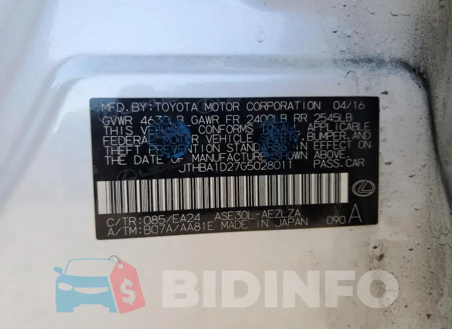 JTHBA1D27G5028011 Photo# 12