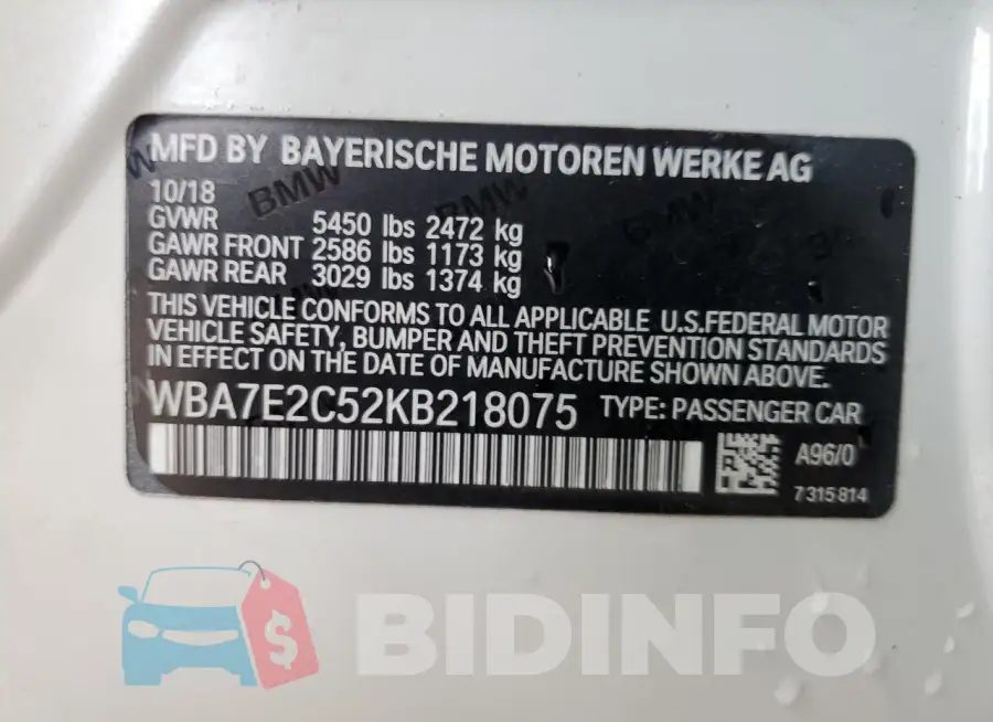 WBA7E2C52KB218075 Photo# 12