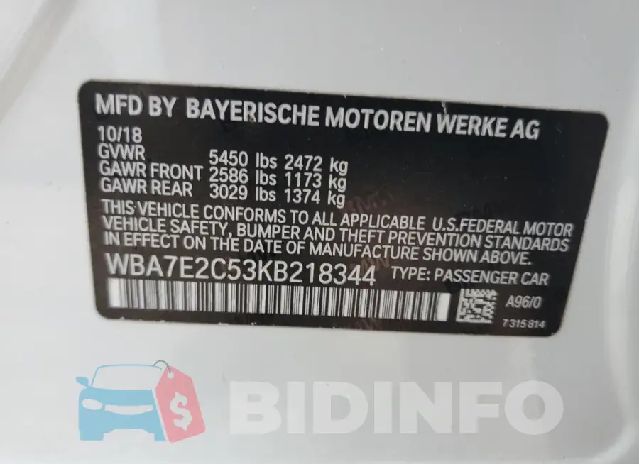 WBA7E2C53KB218344 Photo# 12