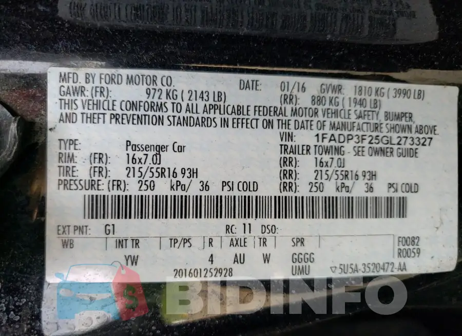 1FADP3F25GL273327 Photo# 12
