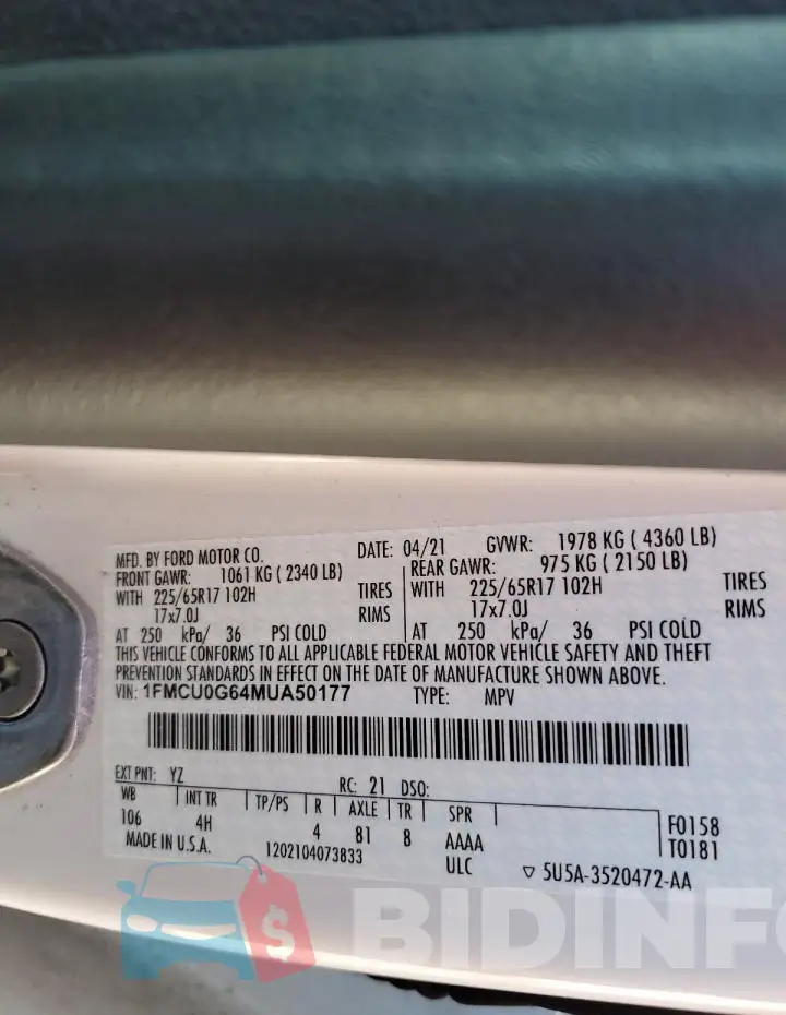 1FMCU0G64MUA50177 Photo# 14