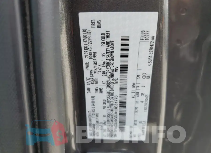 1FMCU9GD3HUE81778 Photo# 13