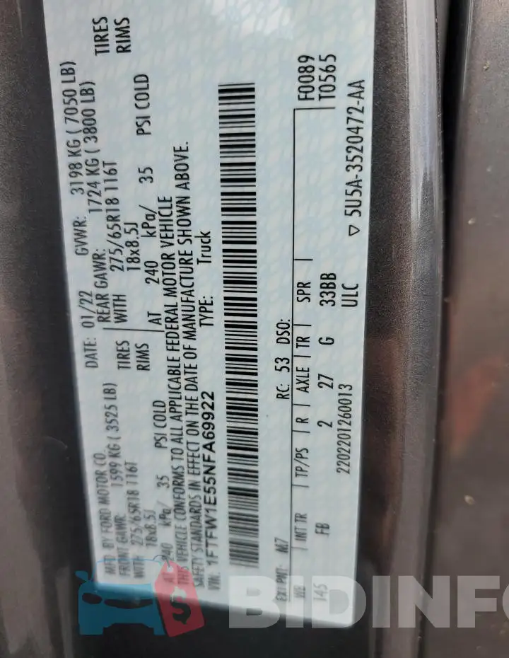 1FTFW1E55NFA69922 Photo# 12