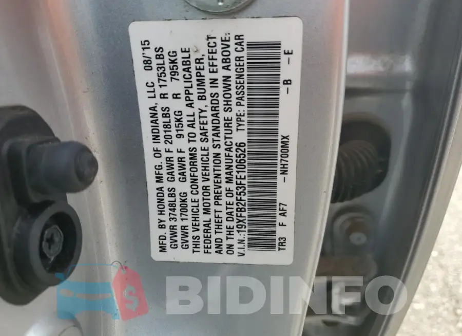 19XFB2F53FE106526 Photo# 12