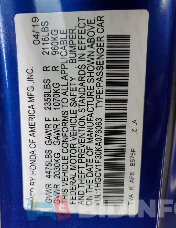 1HGCV1F30KA076063 Photo# 13