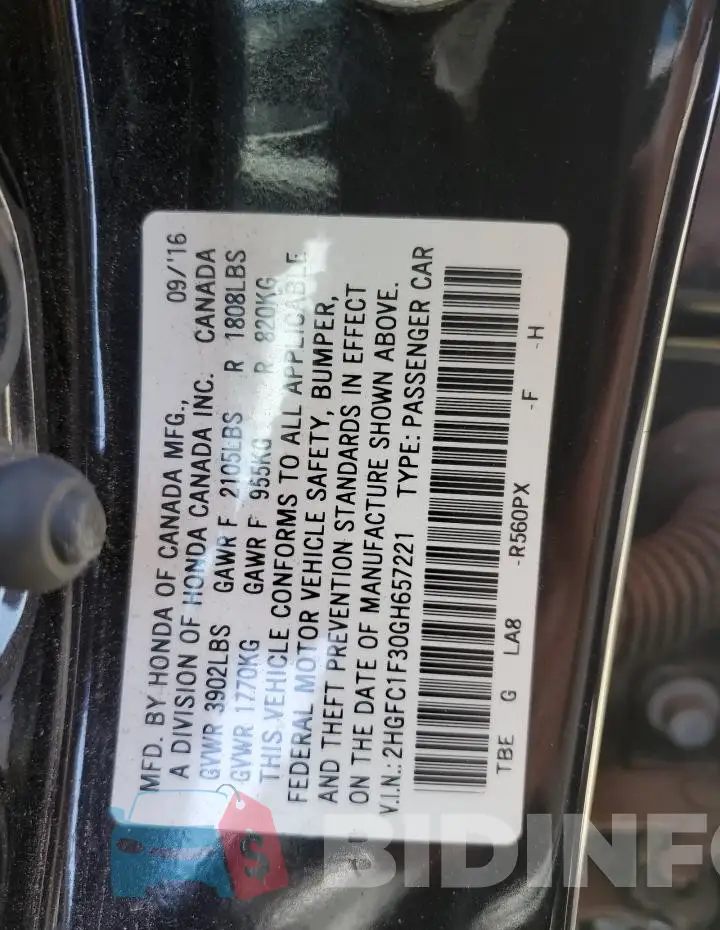 2HGFC1F30GH657221 Photo# 13