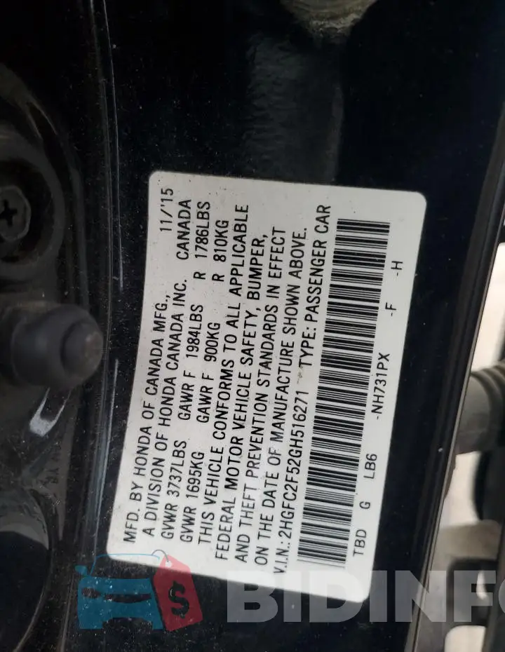 2HGFC2F52GH516271 Photo# 12