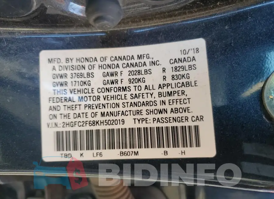 2HGFC2F68KH502019 Photo# 12