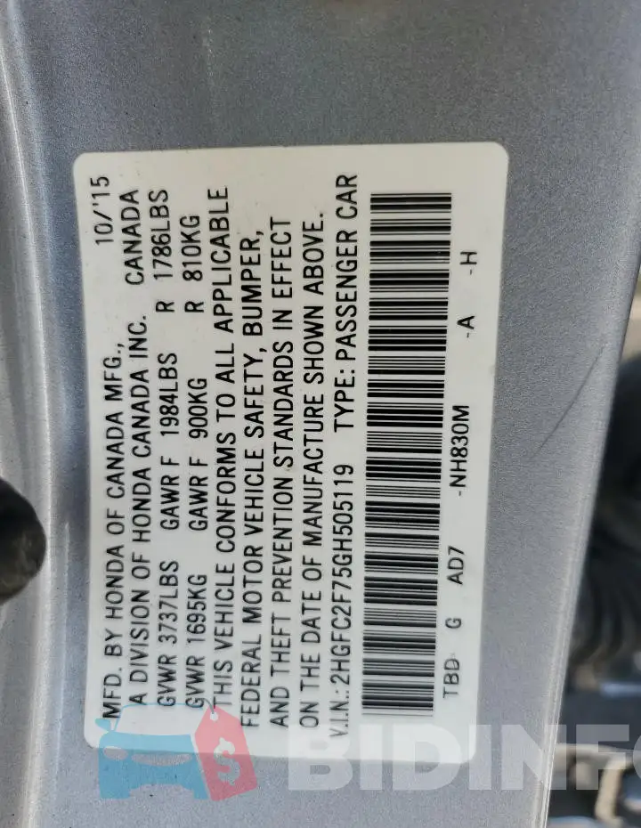 2HGFC2F75GH505119 Photo# 12