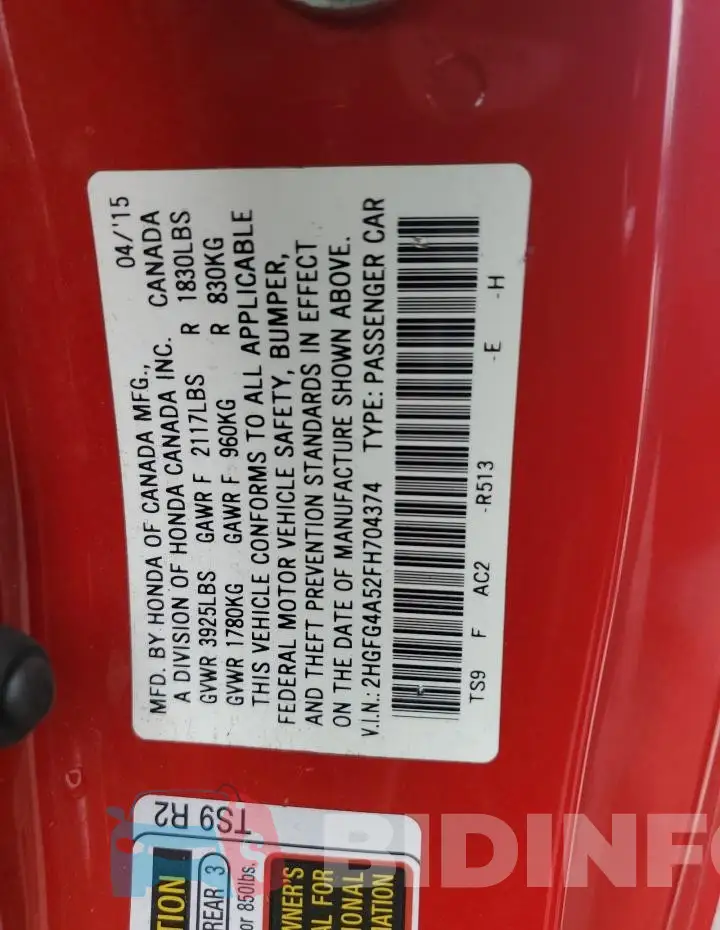 2HGFG4A52FH704374 Photo# 12