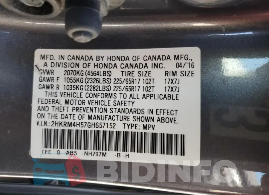 2HKRM4H57GH657152 Photo# 13