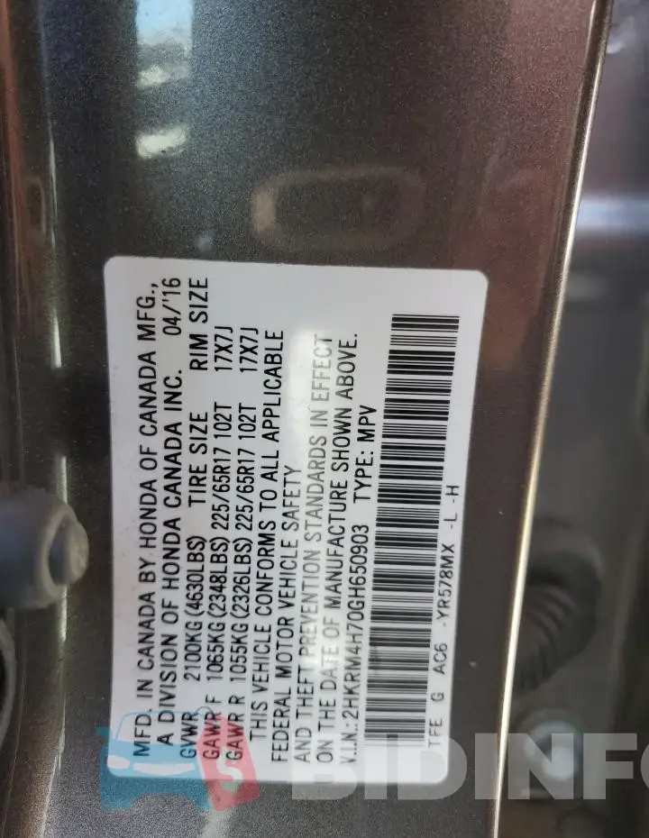 2HKRM4H70GH650903 Photo# 14