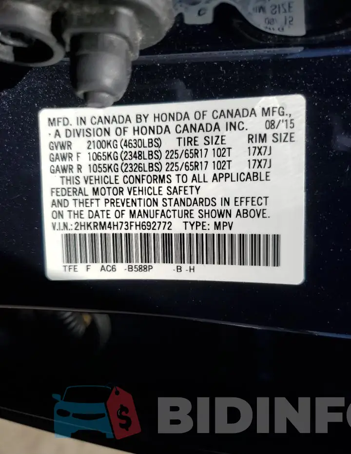 2HKRM4H73FH692772 Photo# 13