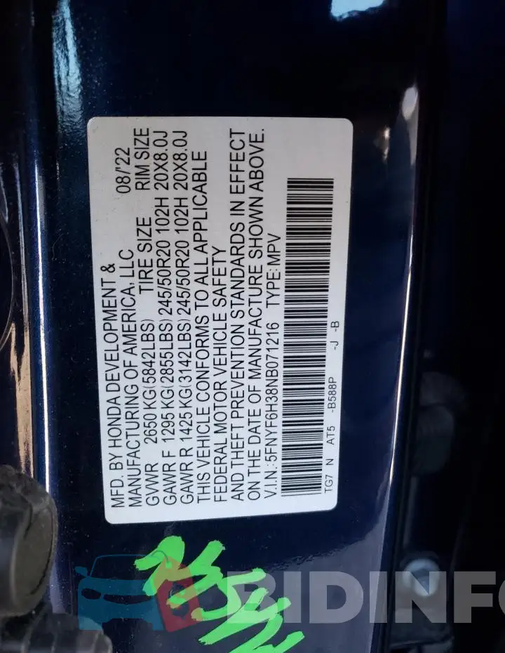 5FNYF6H38NB071216 Photo# 14