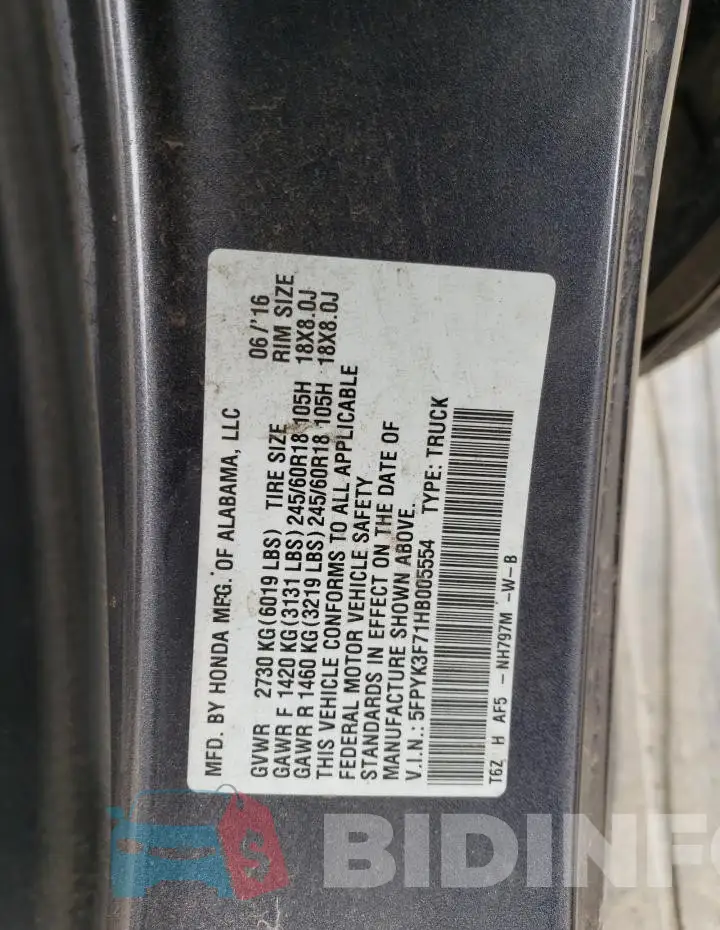 5FPYK3F71HB005554 Photo# 12