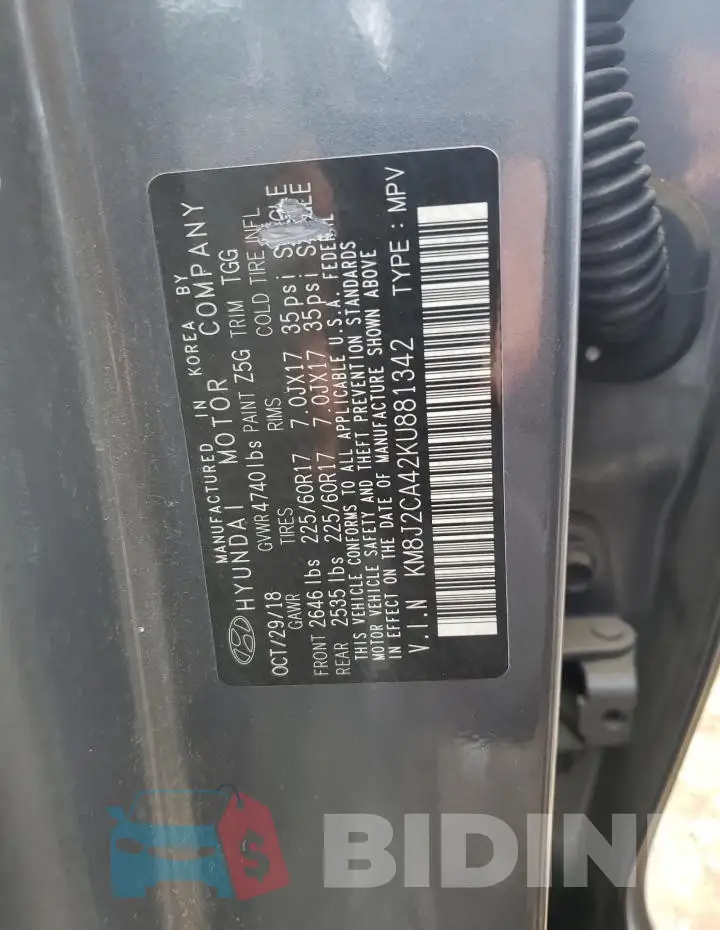 KM8J2CA42KU881342 Photo# 12