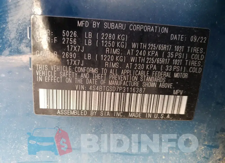 4S4BTGSD7P3116387 Photo# 13