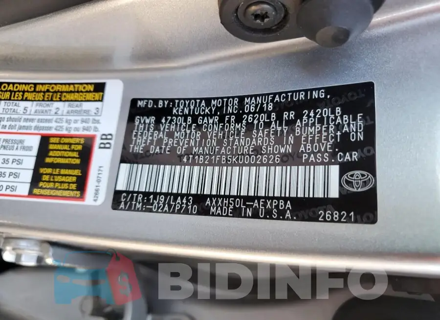 4T1B21FB5KU002626 Photo# 12