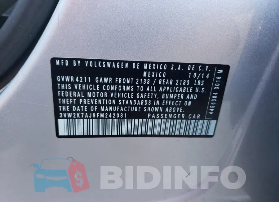 3VW2K7AJ9FM242081 Photo# 12
