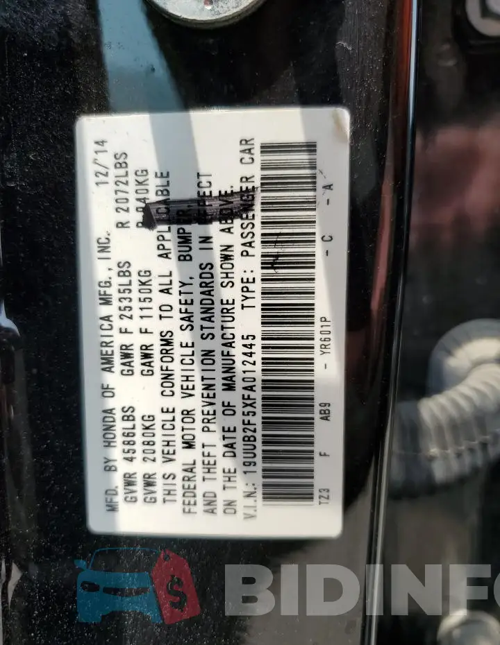 19UUB2F5XFA012445 Photo# 12