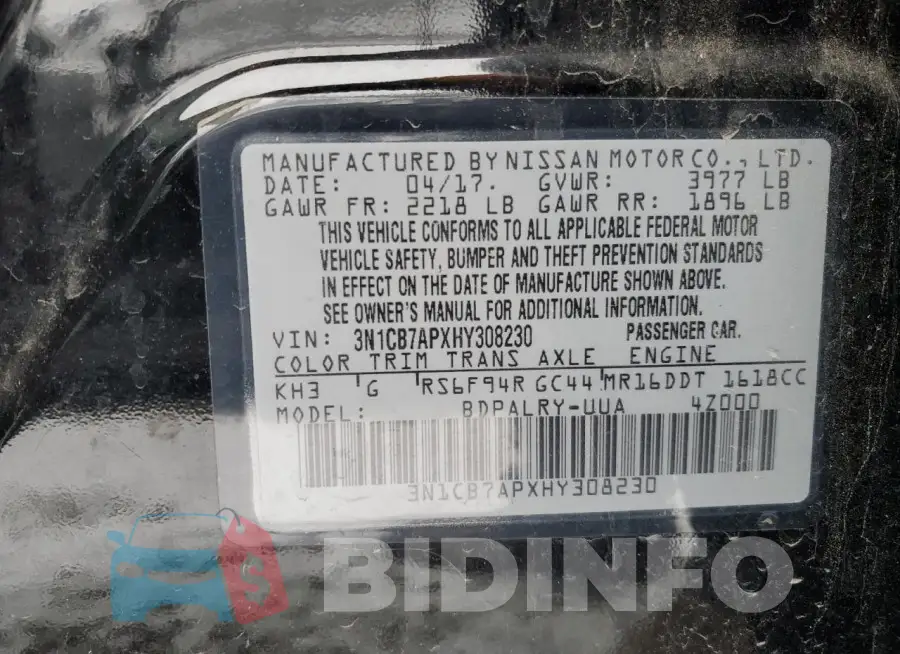 3N1CB7APXHY308230 Photo# 12