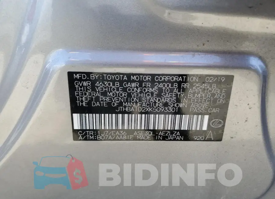 JTHBA1D2XK5093301 Photo# 12