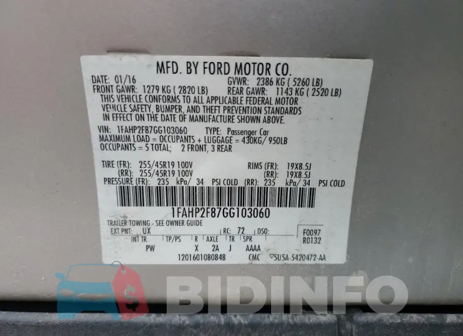 1FAHP2F87GG103060 Photo# 13