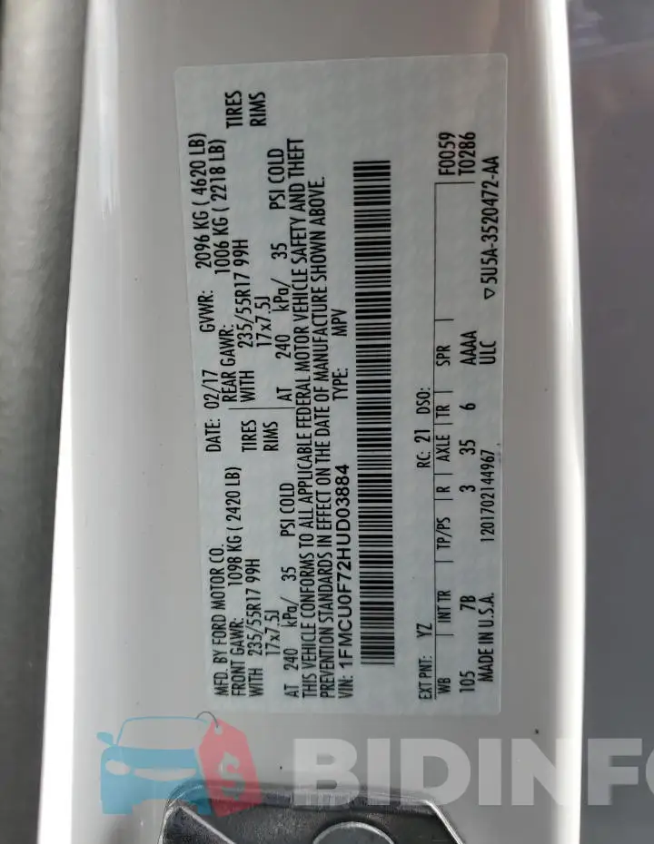1FMCU0F72HUD03884 Photo# 13