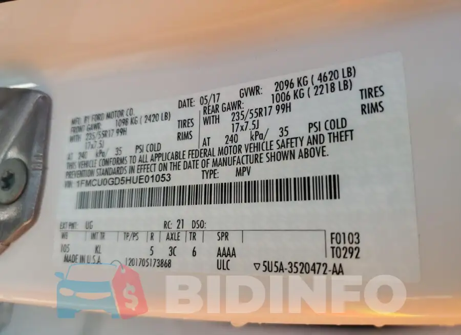 1FMCU0GD5HUE01053 Photo# 13