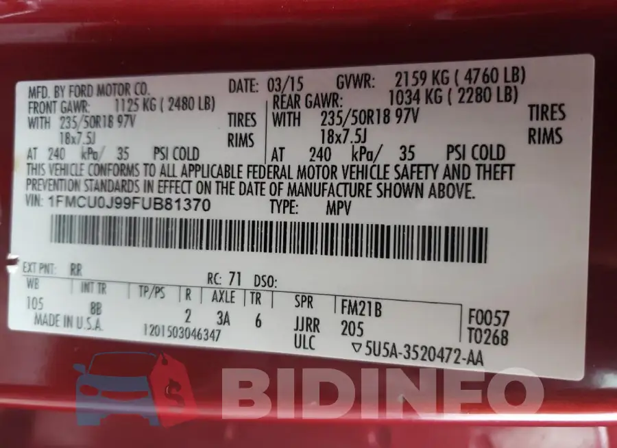 1FMCU0J99FUB81370 Photo# 12