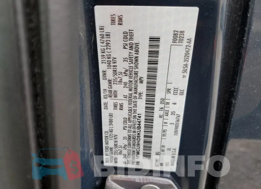 1FMCU9HD8KUB44741 Photo# 14