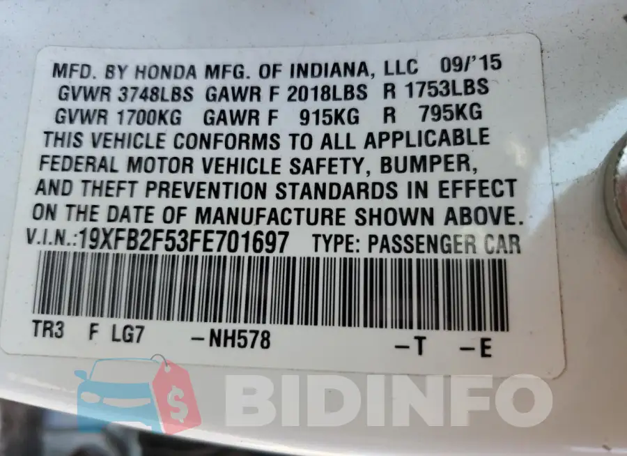 19XFB2F53FE701697 Photo# 12