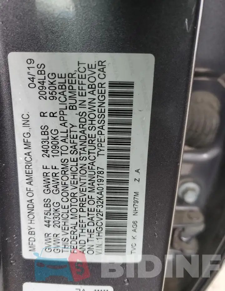 1HGCV2F32KA019787 Photo# 12