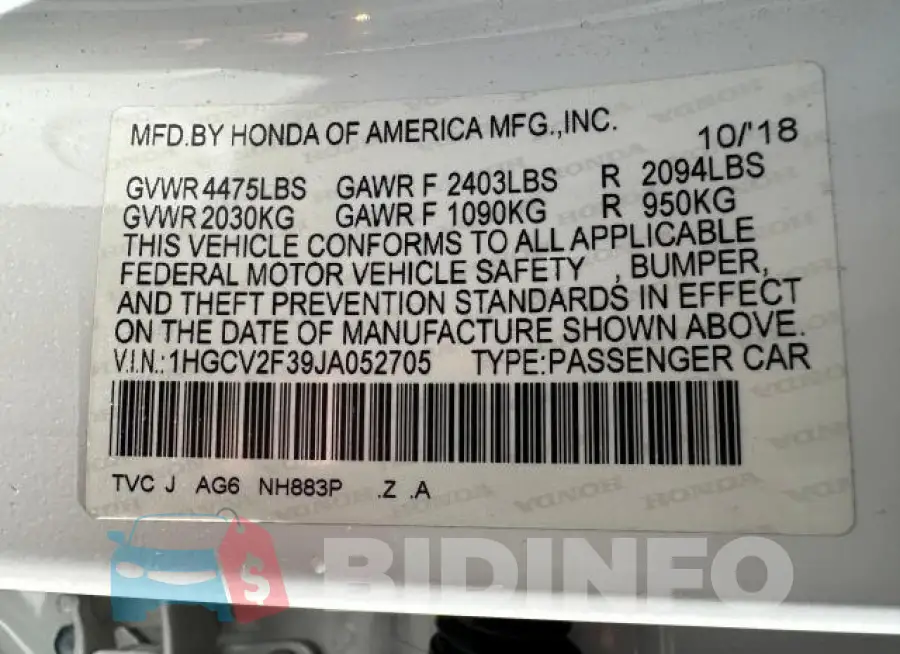 1HGCV2F39JA052705 Photo# 10
