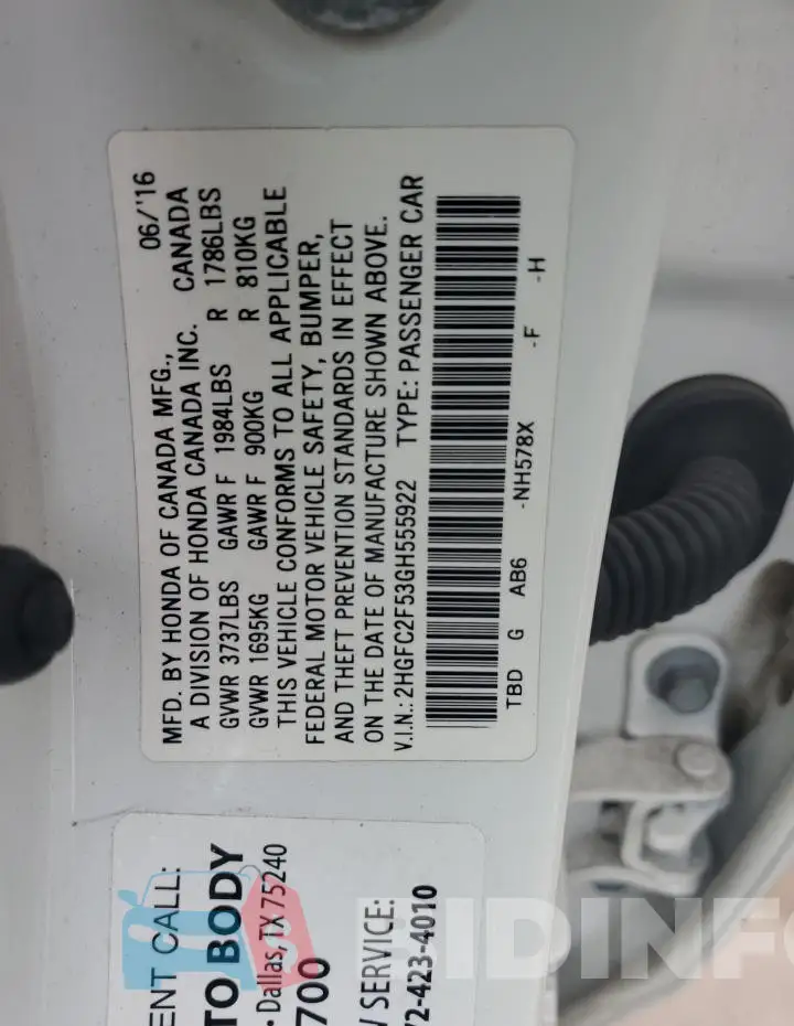 2HGFC2F53GH555922 Photo# 12