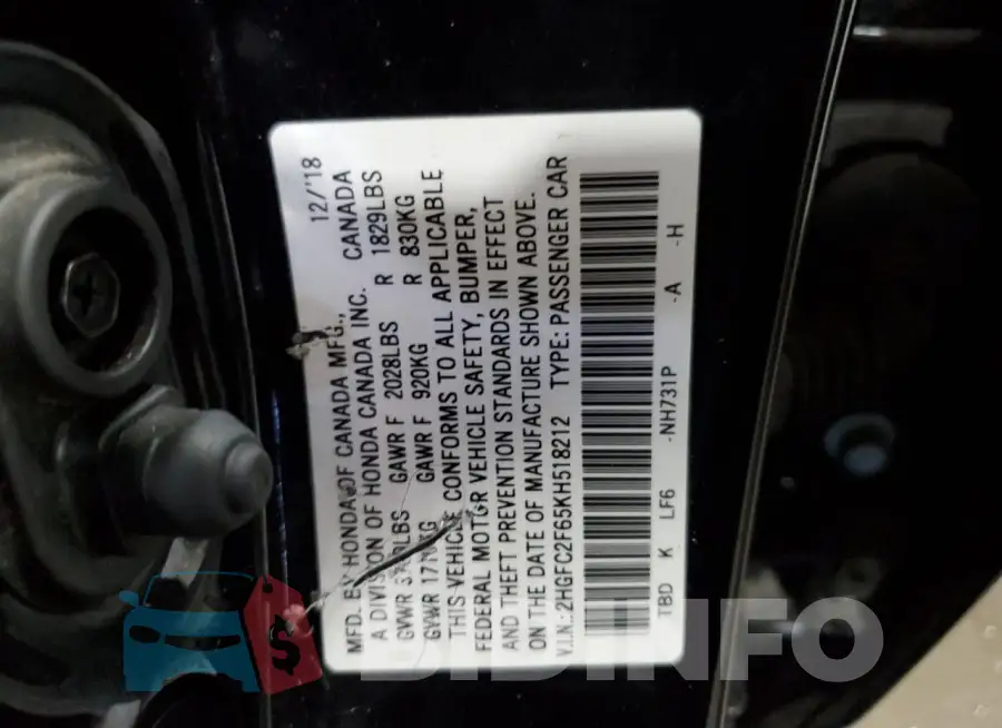 2HGFC2F65KH518212 Photo# 12